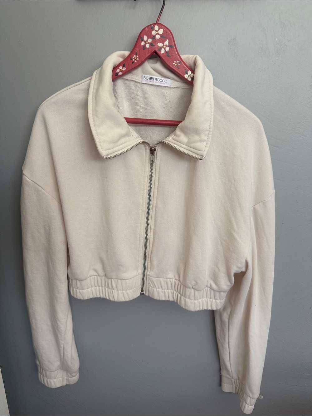 Bobbi Rocco Cream Cropped Zip-Up Sweatshirt - Large